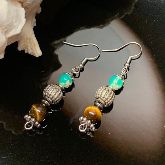 Tiger's Eye Sea Sediment Gemstone Bead Handmade Pierced Earrings LR129 - Picture 3 of 4